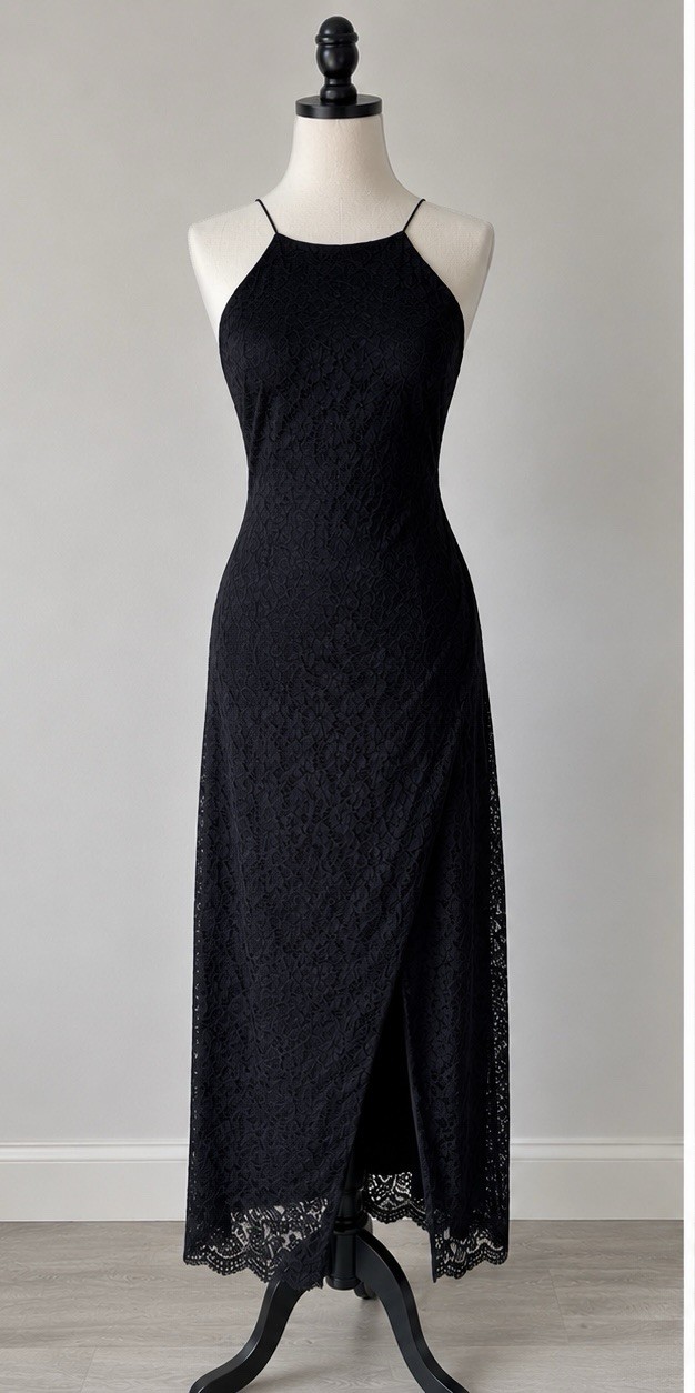 Love By Design NWT Black Lace Maxi Dress Vesta High Slit Formal Evening Gown L