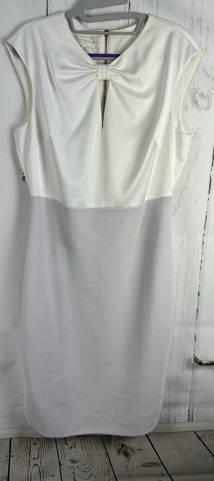 Ted Baker 4 Bodycon Ivory/Lavender Lined Texture Stretch Pencil Zip Dress -spot