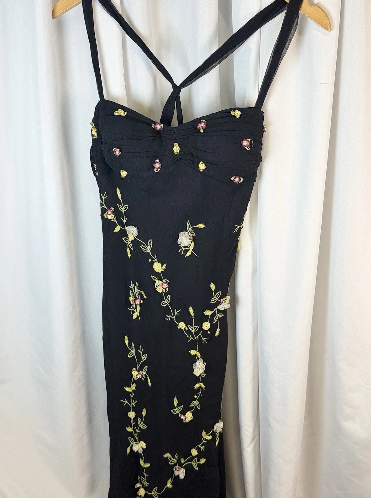 Scala 90s Y2K Pure Silk Black Floral Ribbon Midi Whimsigoth Dress Large Vtg