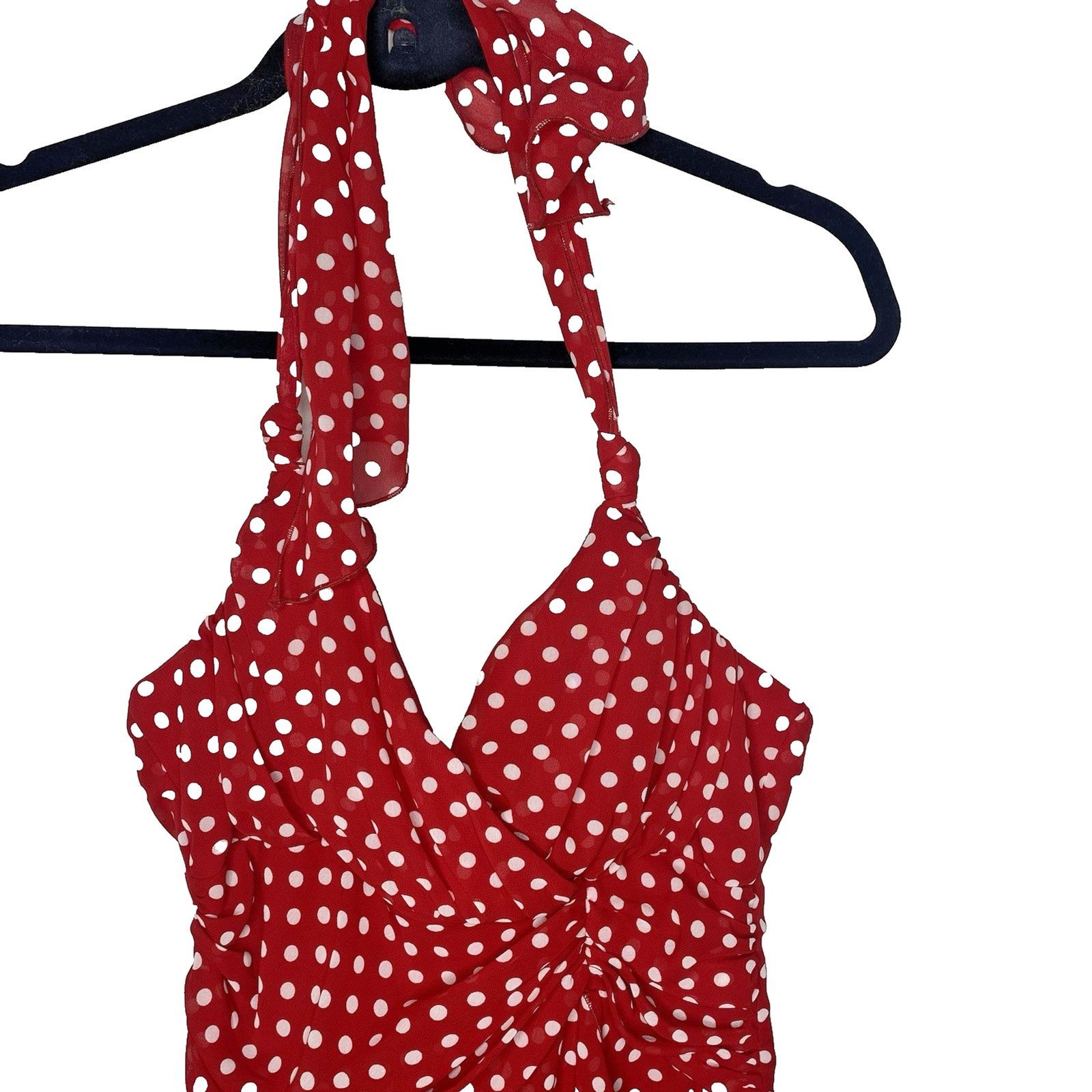 A Byer Polka Dot Halter Dress Womens 9 Surplice Faux Wrap Pinup Rockabilly Red
