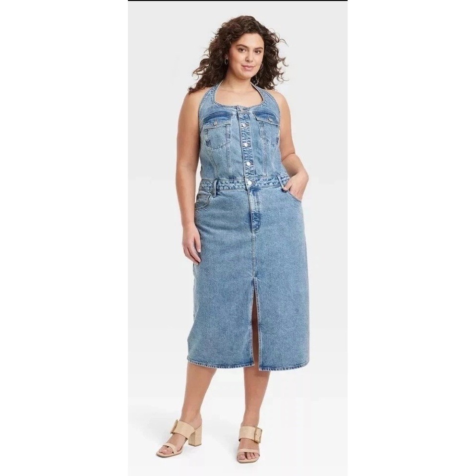 UNIVERSAL THREAD Women’s Denim Halter Midi Dress Medium Wash Size 30 Jean Blue