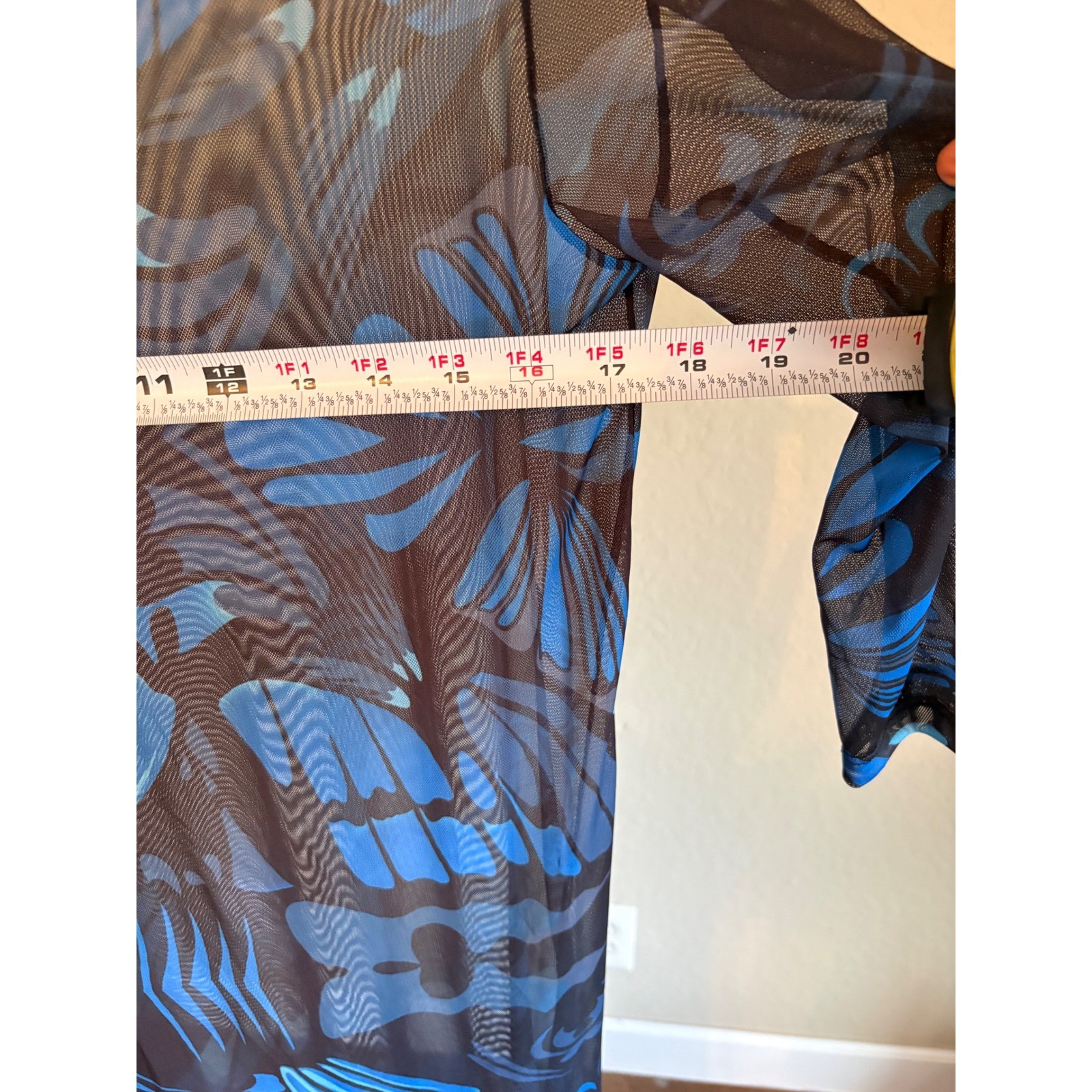 Zinzane Midi Dress Blue Black Abstract Print Mesh Sheer 3/4 Sleeve Size M