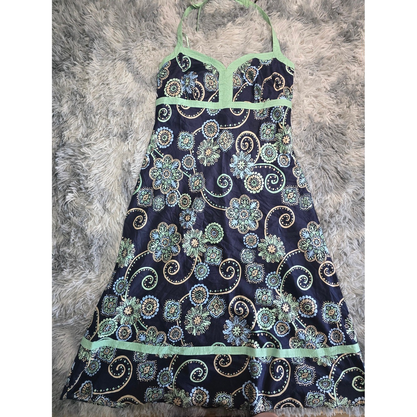 LOFT Y2K Navy Halter Floral Sundress with Mint Trim, Size 10