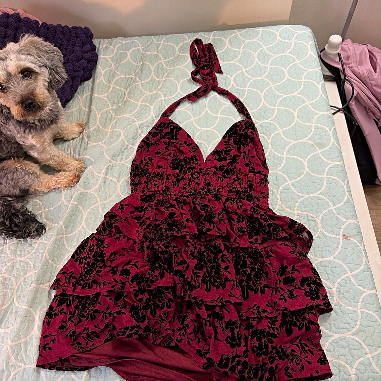 Windsor Burgundy/Black Floral Halter Backless Smocked Ruffle Tie Large
