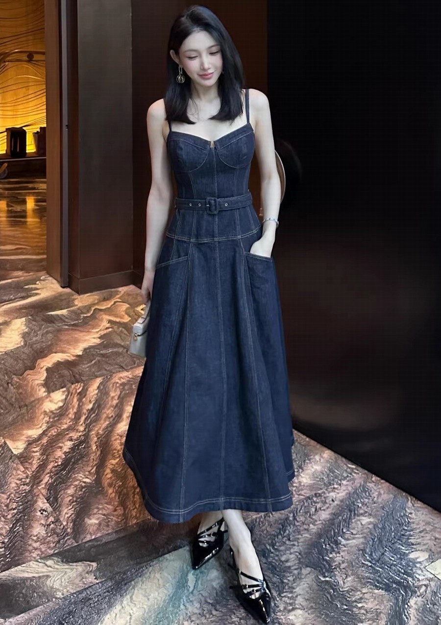 Self-Portrait Dark blue denim dress Pocket Belts Strapless long Dresses