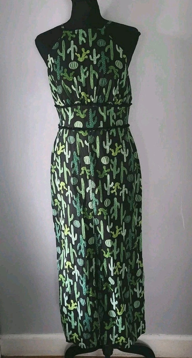 Pearl By Lela Rose Sleeveless Long Cactus Print Green Dress Back Zip Size 6