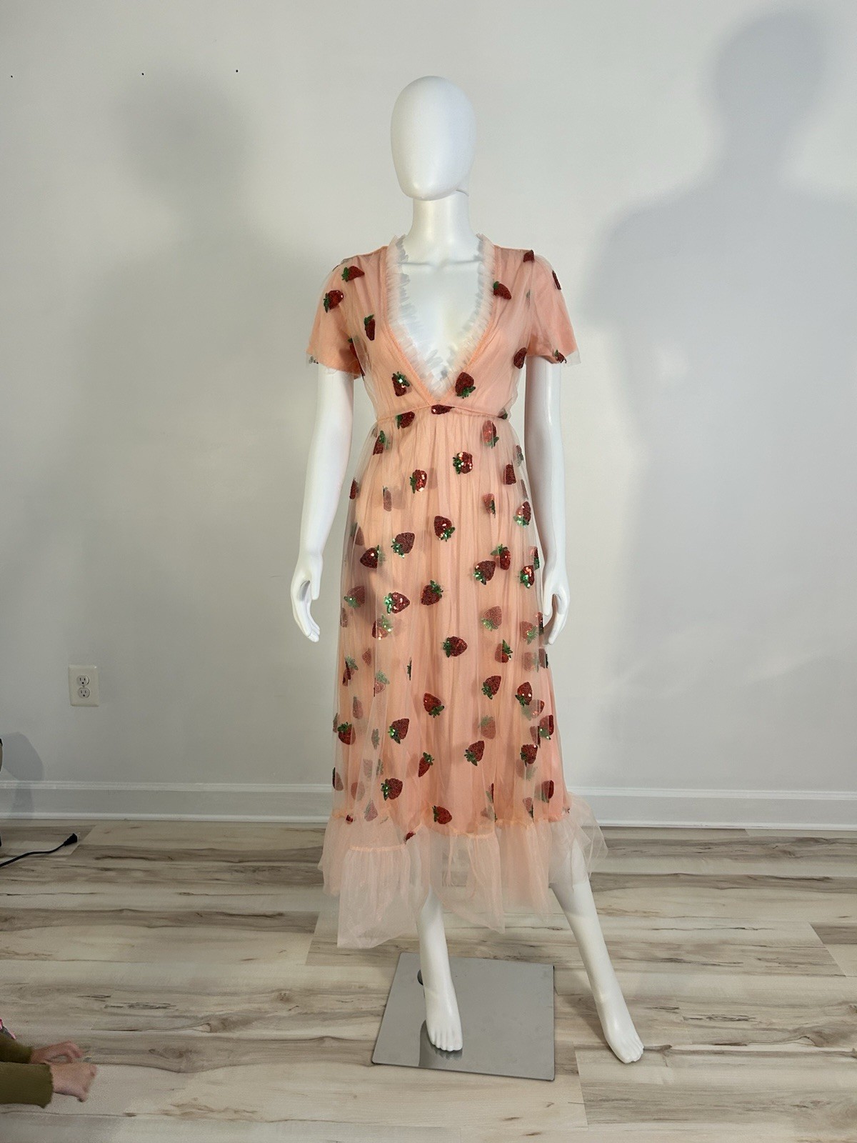 M Strawberry Tulle Dress Womens Pink Sequin Mesh Short Sleeve V Neck Maxi 2026