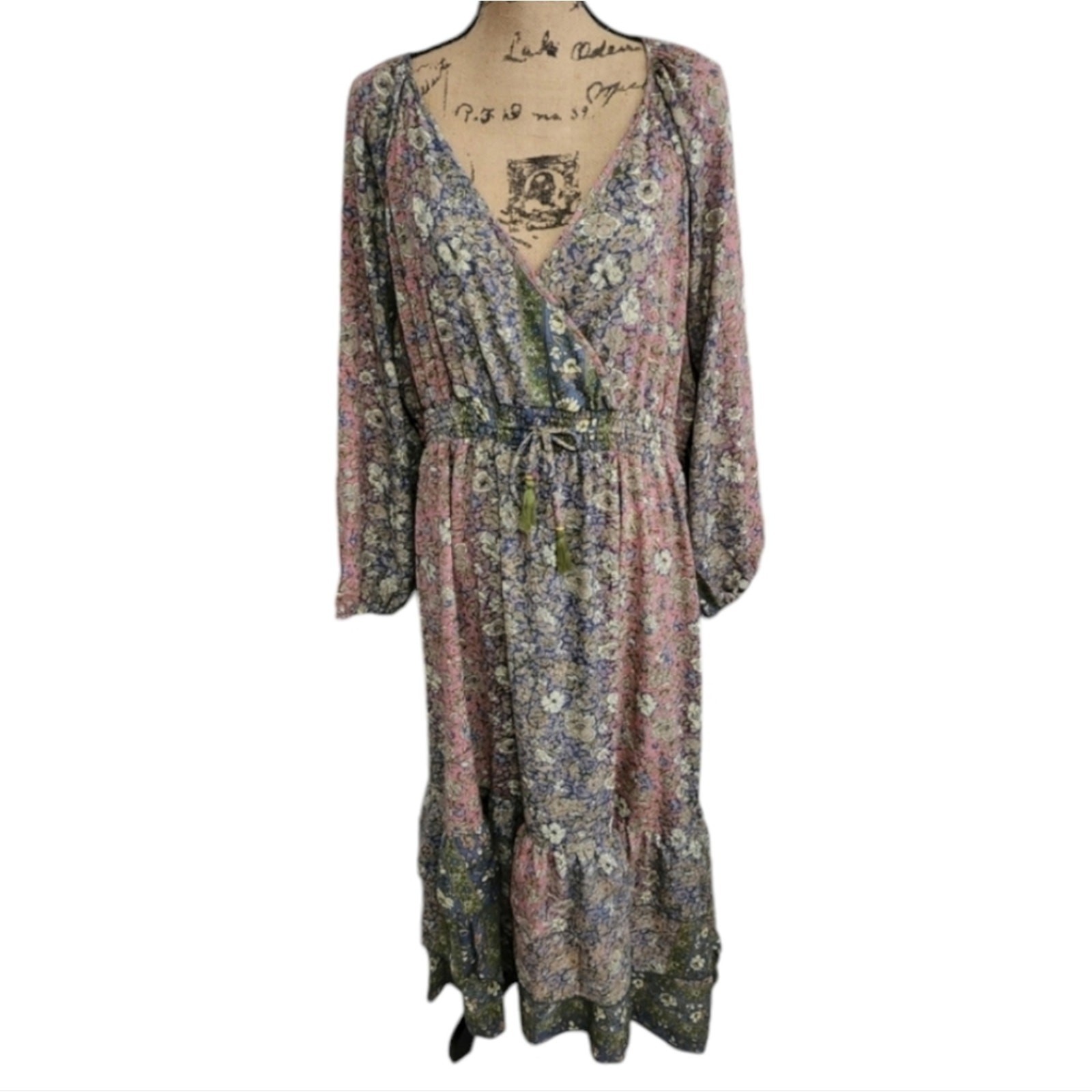 Revolve x boemo Floral Maxi Dress Tiered Ruffle V Neck Smocked Waist Tie Belt 3X