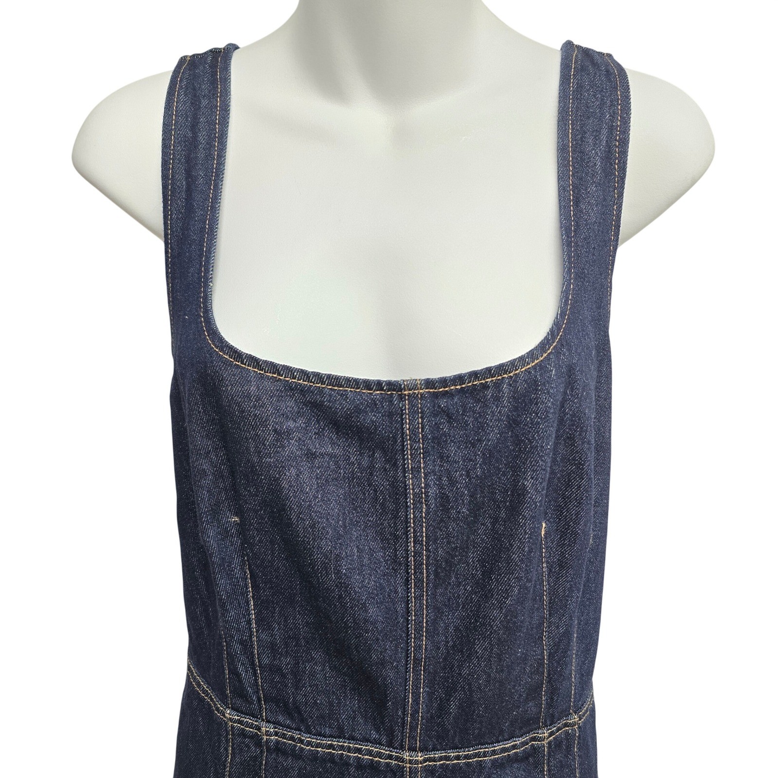 Future Collective Dark Wash Denim Midi Dress Square Neck Smocked Back XL Indigo