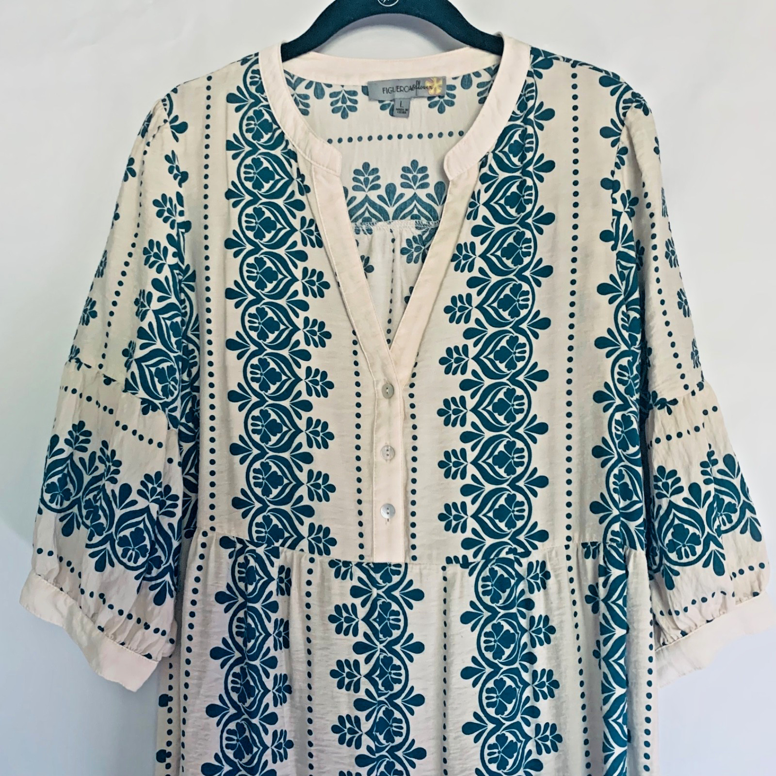 Figueroa & Flowers Dress Size Large Tiered 3/4 Sleeves Boho Teal Blue and Ivory