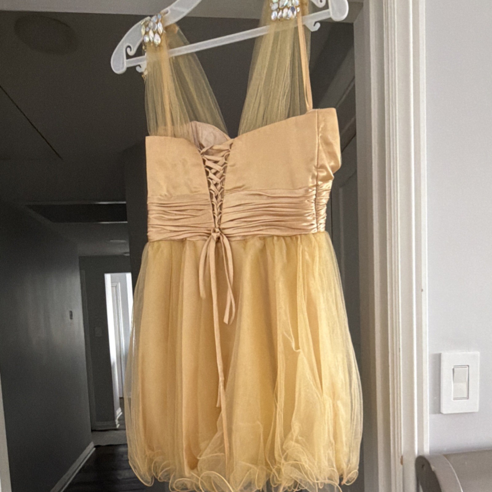 Dancing Queen Gold Beaded Tulle Sleeveless Strapless V-Neck Short Dress L