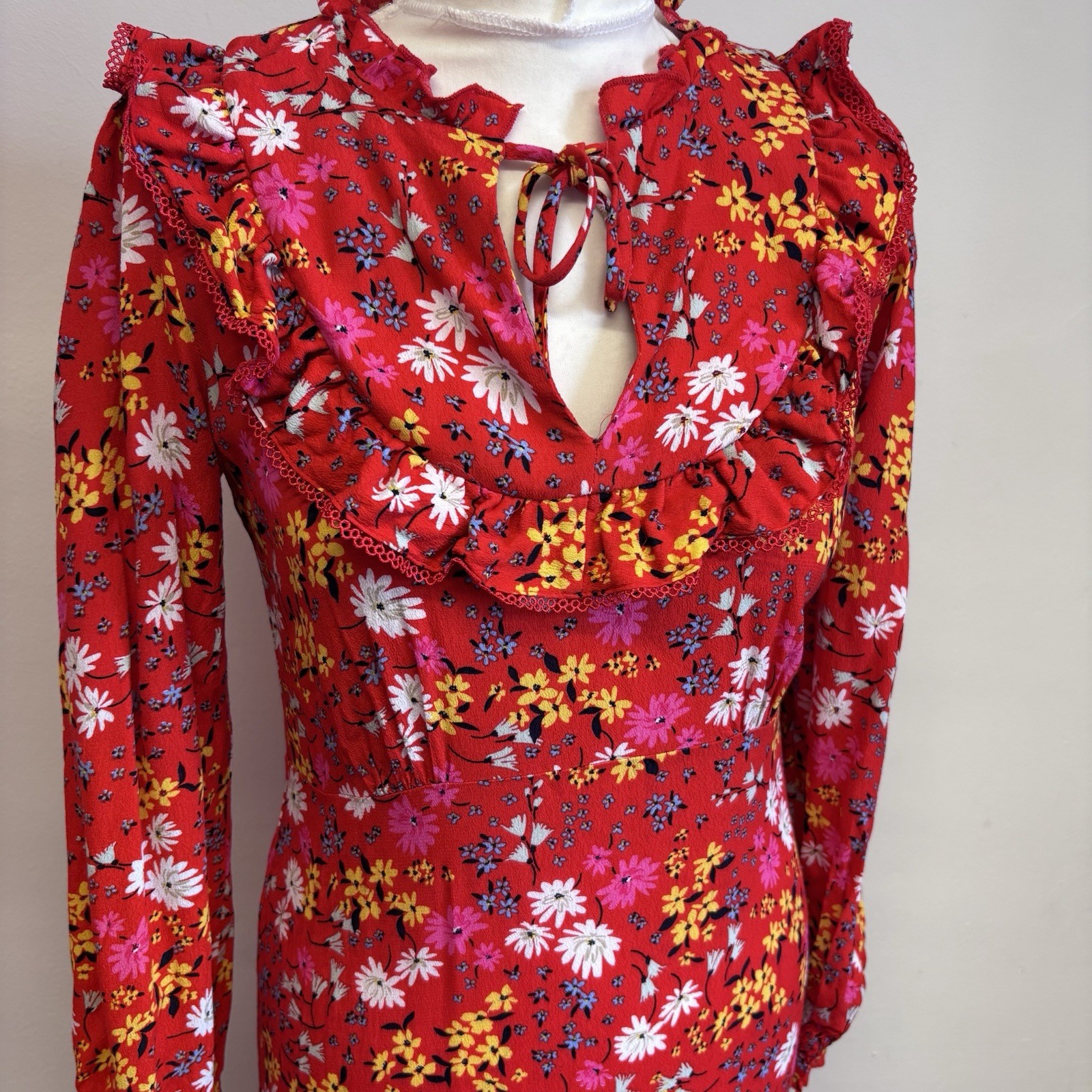 Oliver Bonas Midi Dress Size 8 Red Floral Pattern Ruffle Summer