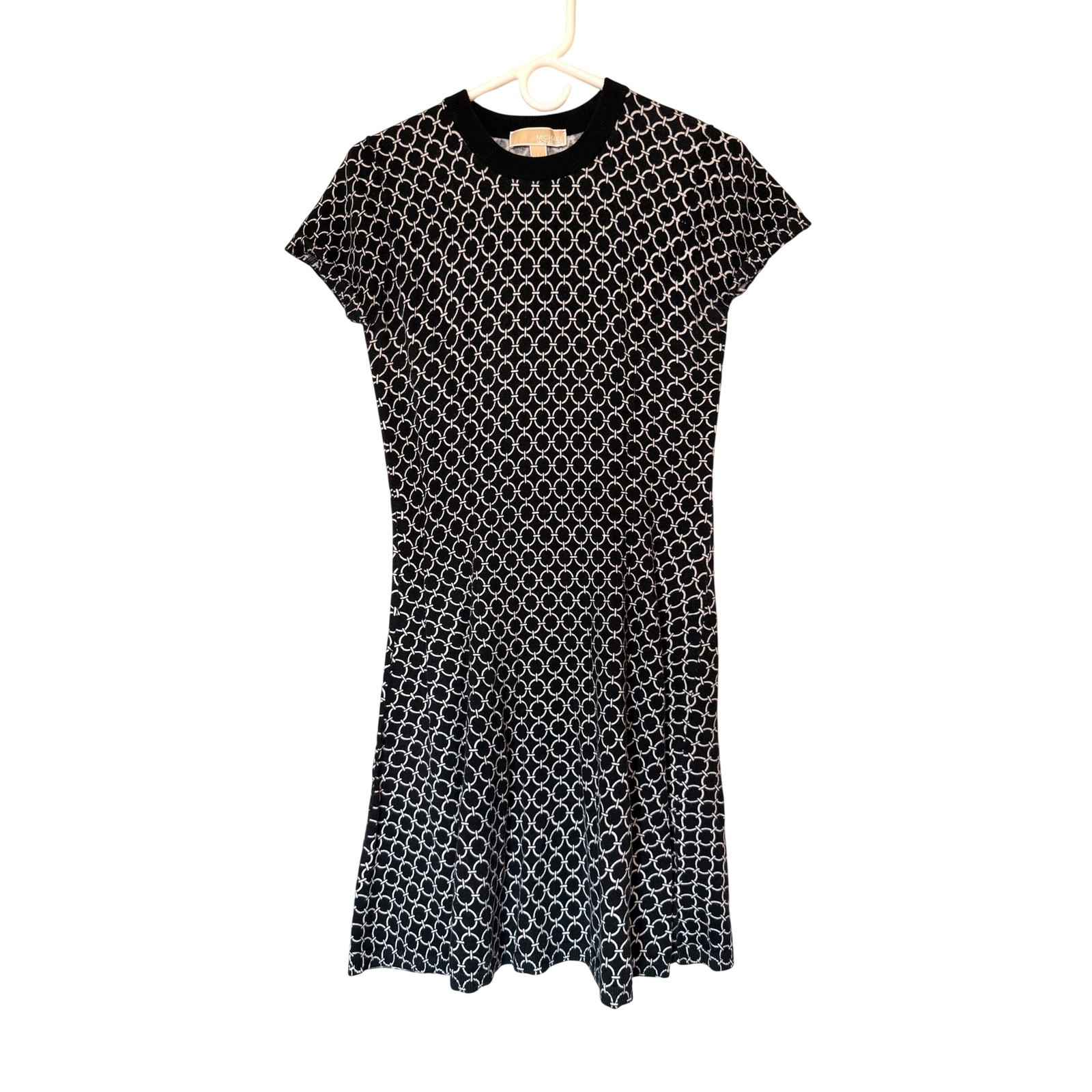 Michael Kors Knit Dress Cotton Blend Fit Flare Black White Chain Link S