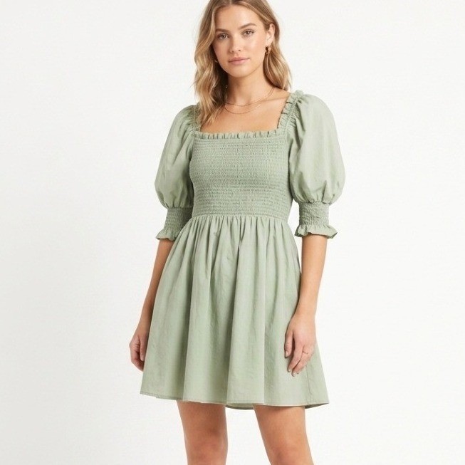 Altar’d State Mini Dress Women Medium Sage Green Smocked Puff Sleeve Cottagecore