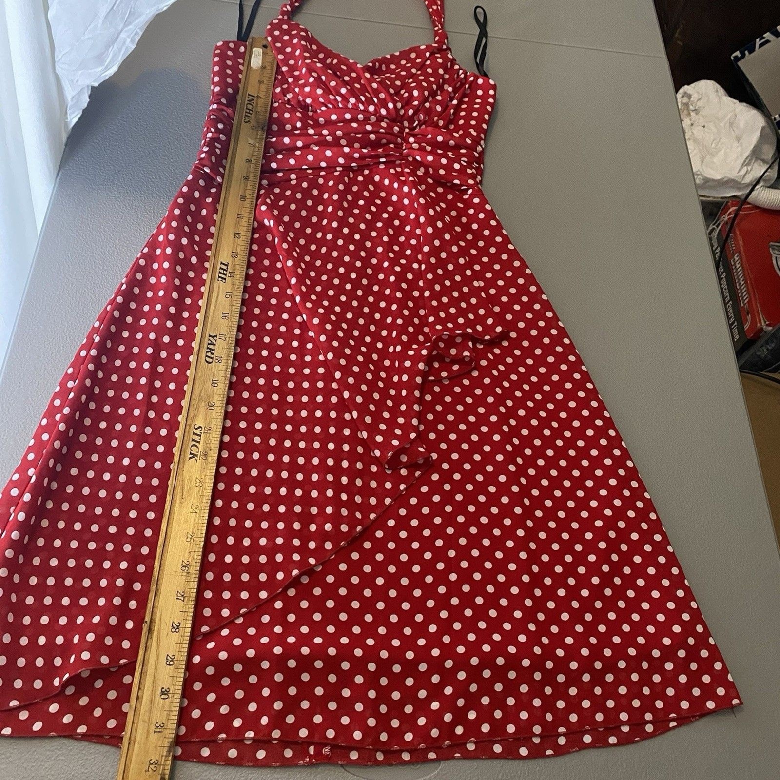 A Byer Polka Dot Halter Dress Womens 9 Surplice Faux Wrap Pinup Rockabilly Red