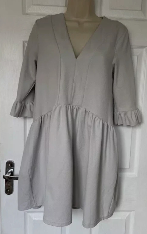 ASOS Smock Dress V-Neck Ruffle Sleeve Grey Crepe Mini Size UK 10 US 6 EU 38