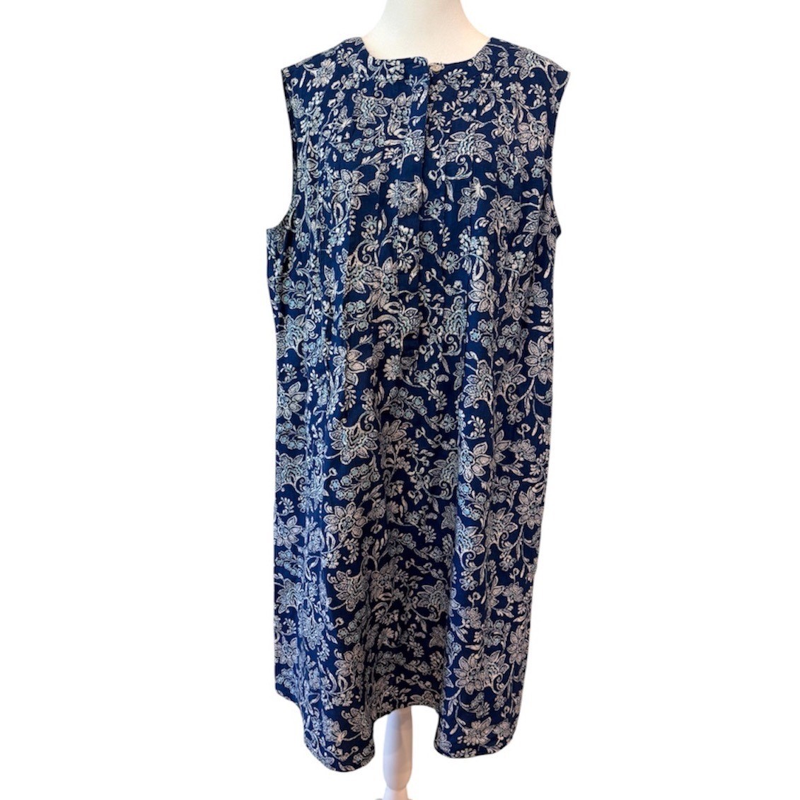 J. Jill Love Linen Blue Floral Sleeveless Shift Dress XL 100% Linen Midi Indigo