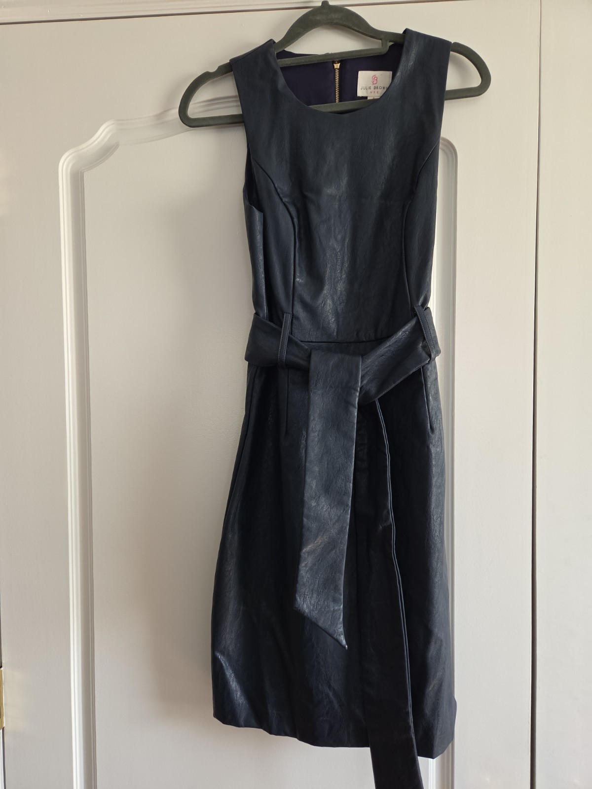 Julie Brown Navy Faux Leather Sleeveless Sheath Dress Back Zipper Tie Belt