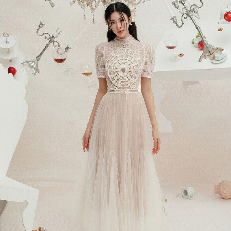 Ladies Maxi Embroidered Collared Cap Sleeve Pleated A-Line Dress