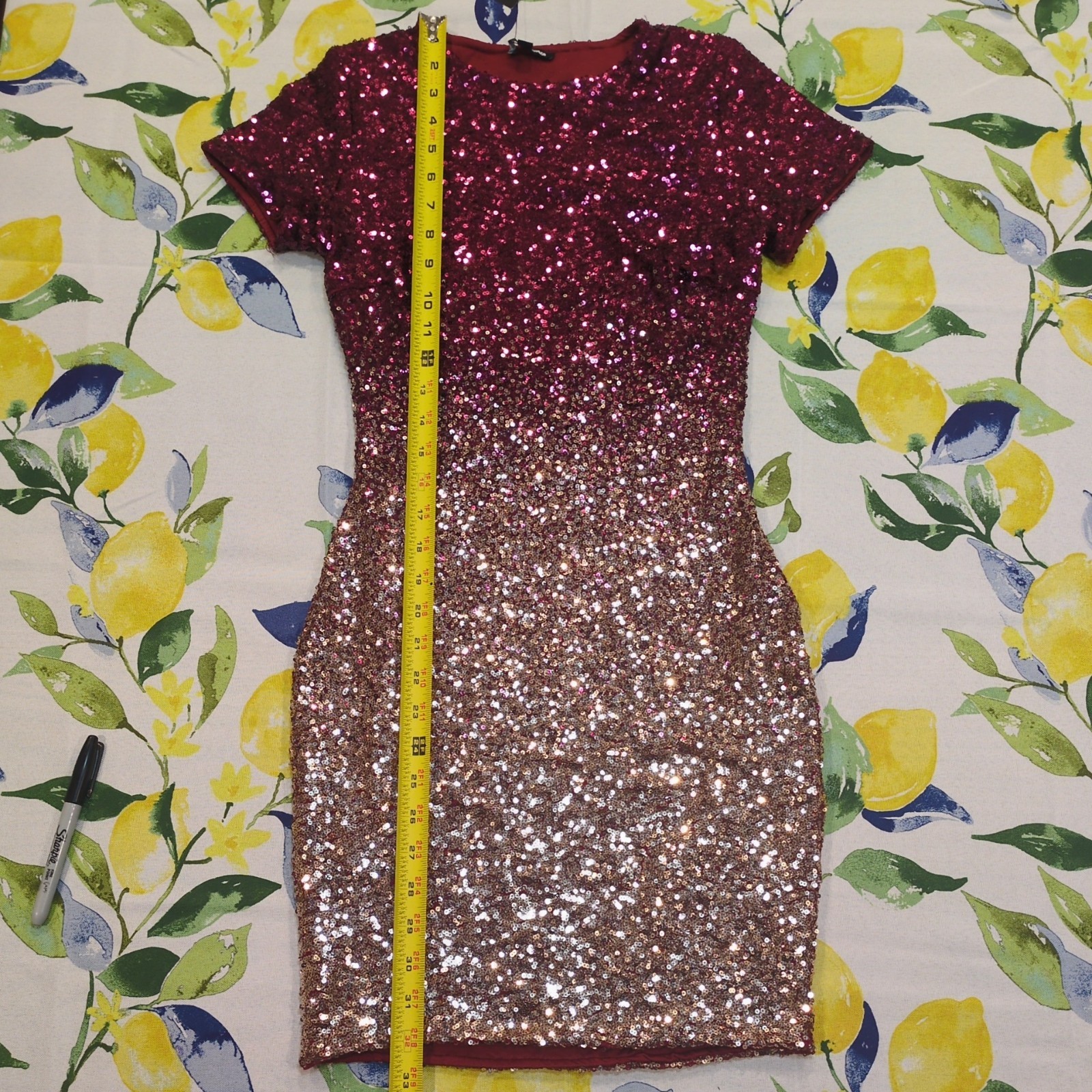 NWT Fashion Nova Sequin Burgundy Pink Gold Ombré Mini Party Cocktail Dress Sz. S