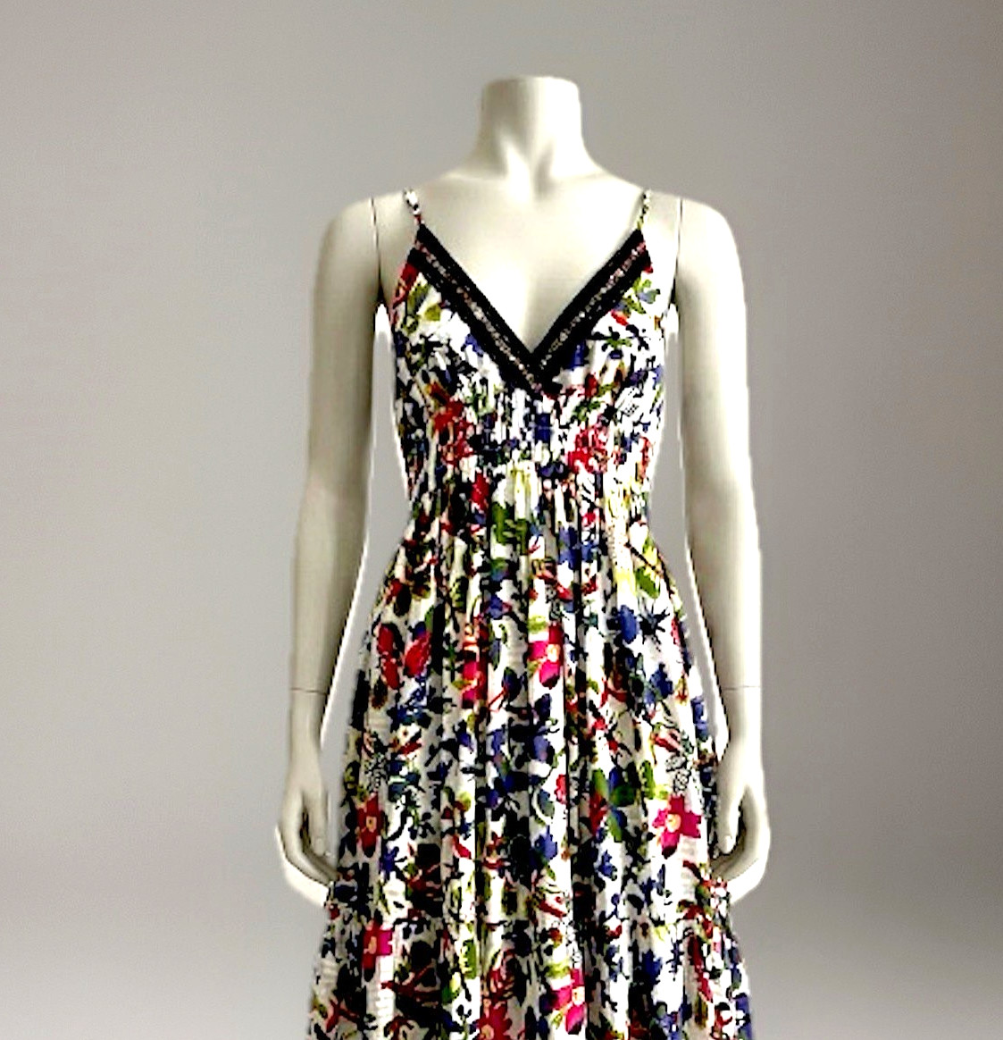 Alberto Makali Cotton Vibrant Floral Flowy Boho Maxi Ruffle Beaded Coastal Mod