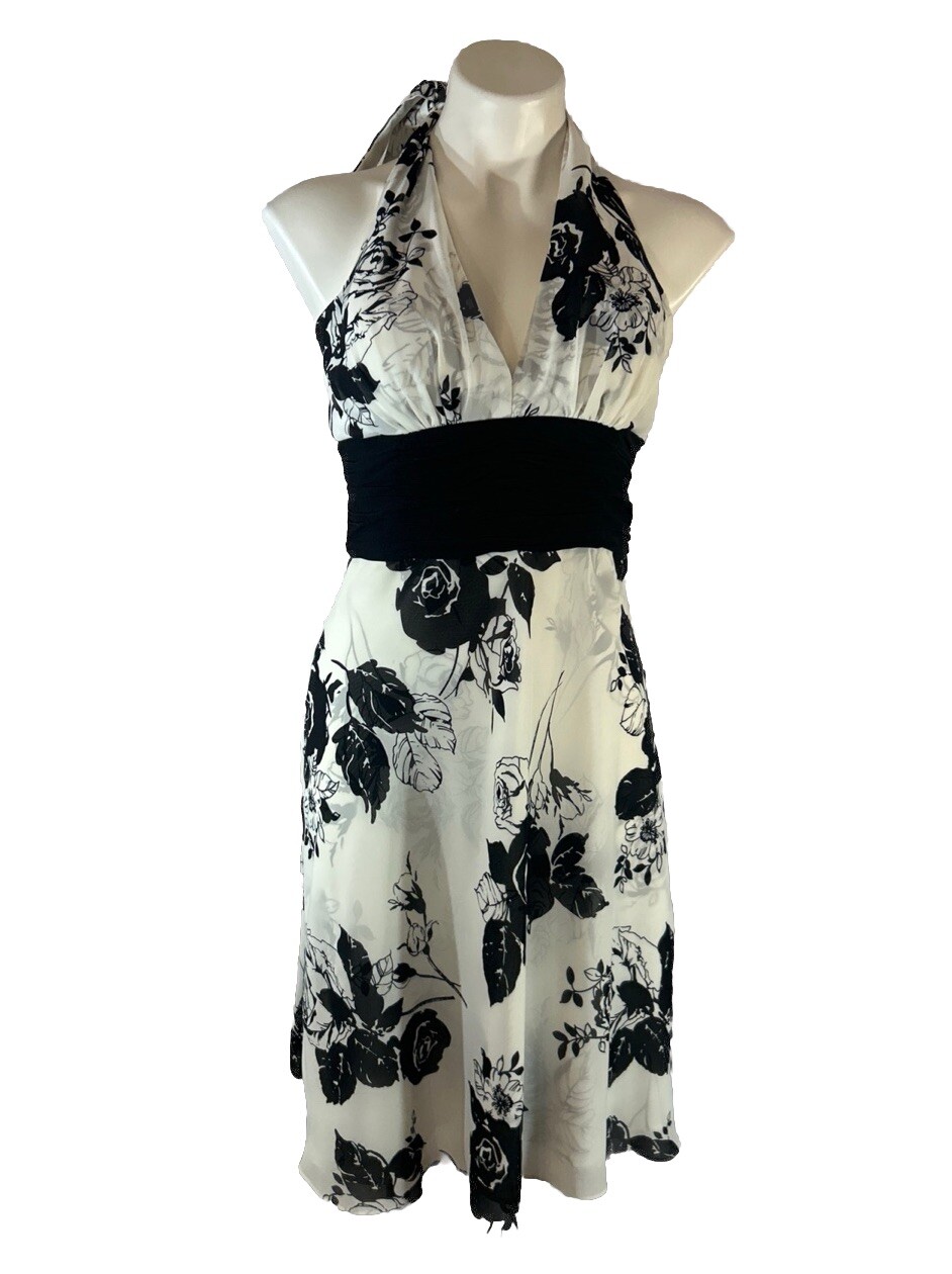 WHBM White Black Floral Print Halter A-line Dress Size 4 Lined Hidden back Zip