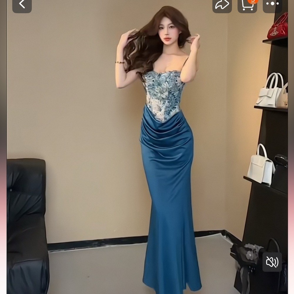 Blue Satin Mermaid Gown 2 Jacquard Corset Drape Front NWT Prom Formal