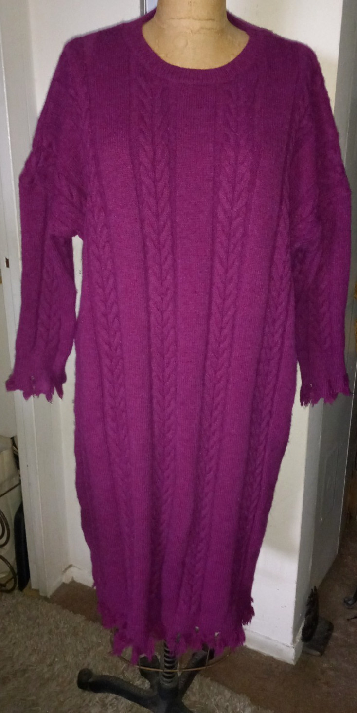 COZY! OVERSIZED PURPLE CABLE KNIT WOOL BLEND CHUNKY LONG DRESS SWEATER