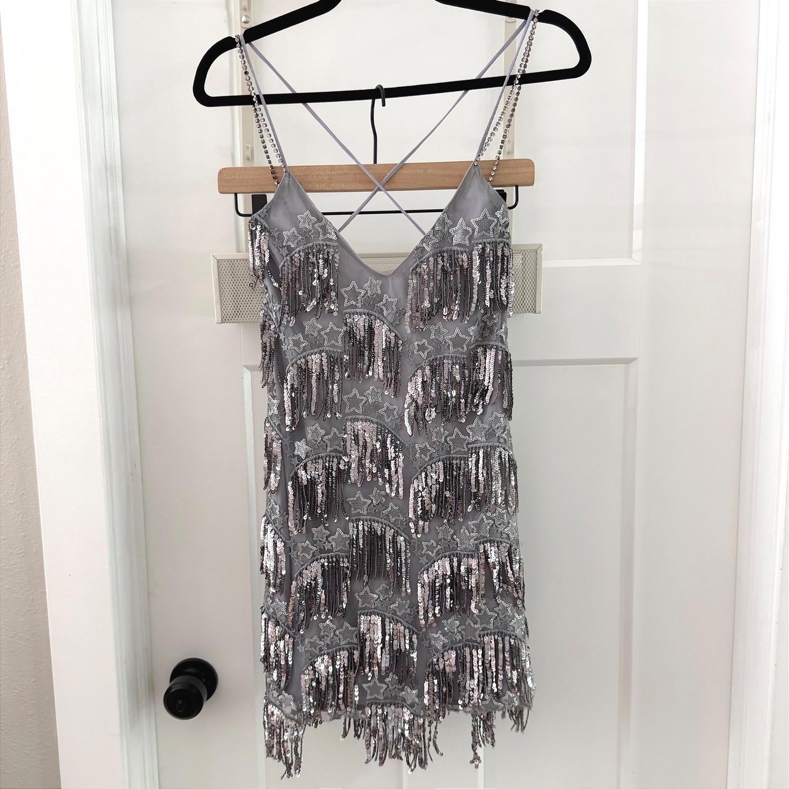 For Love & Lemons Etoile Fringe Mini Dress Silver Sequin Disco Cowgirl Open Back