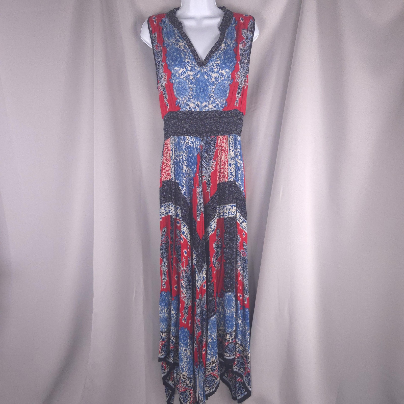 Bila Dress Womens S Red Paisley Maxi Ptchwork Handkerchief Hem Americana Boho