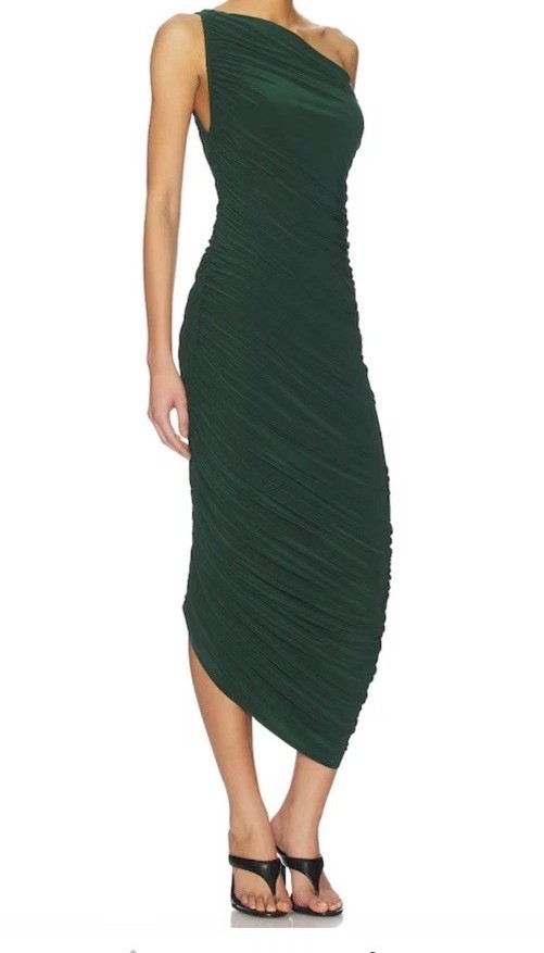 Norma Kamali Diana Bodycon Dress Green Shirred Ruched Maxi Asymmetrical Sz L 40