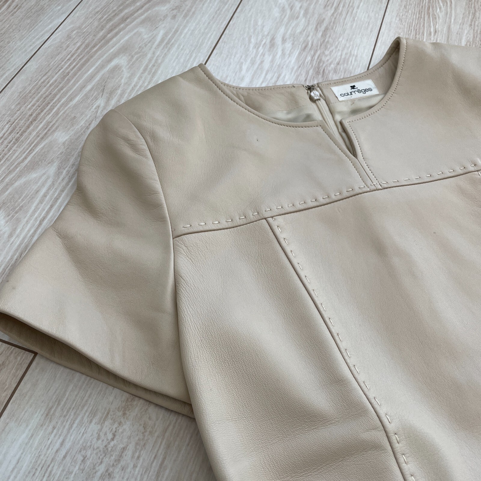 Courreges Sheepskin Lamb Leather Dress Beige Zip Woman Size L US/S-M Japan Rare