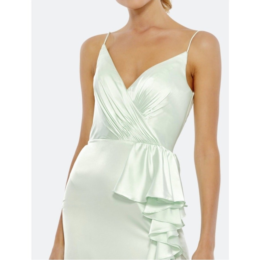 Mac Duggal Green Satin Ruffled Sleevless Prom Maxi Gown Dress Size 2 67815 NEW