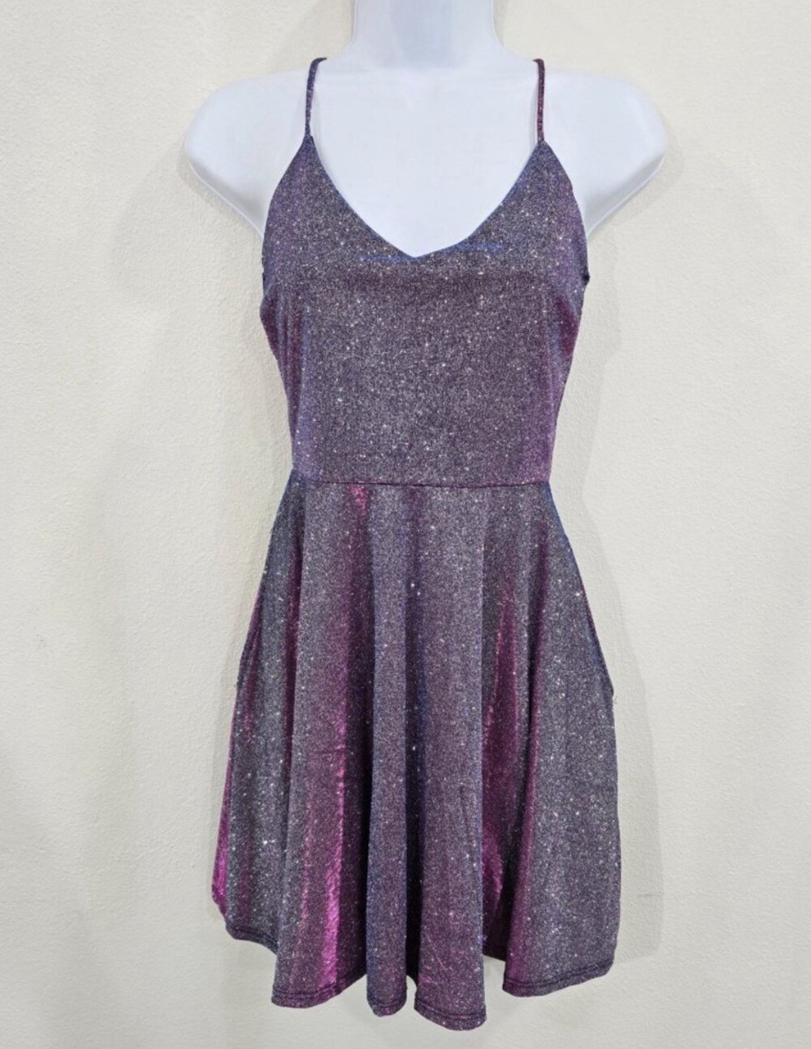 Windsor ✦ Glitter Mini Dress ✦ Purple Criss-Cross Stray Backs Pockets Size S NWT