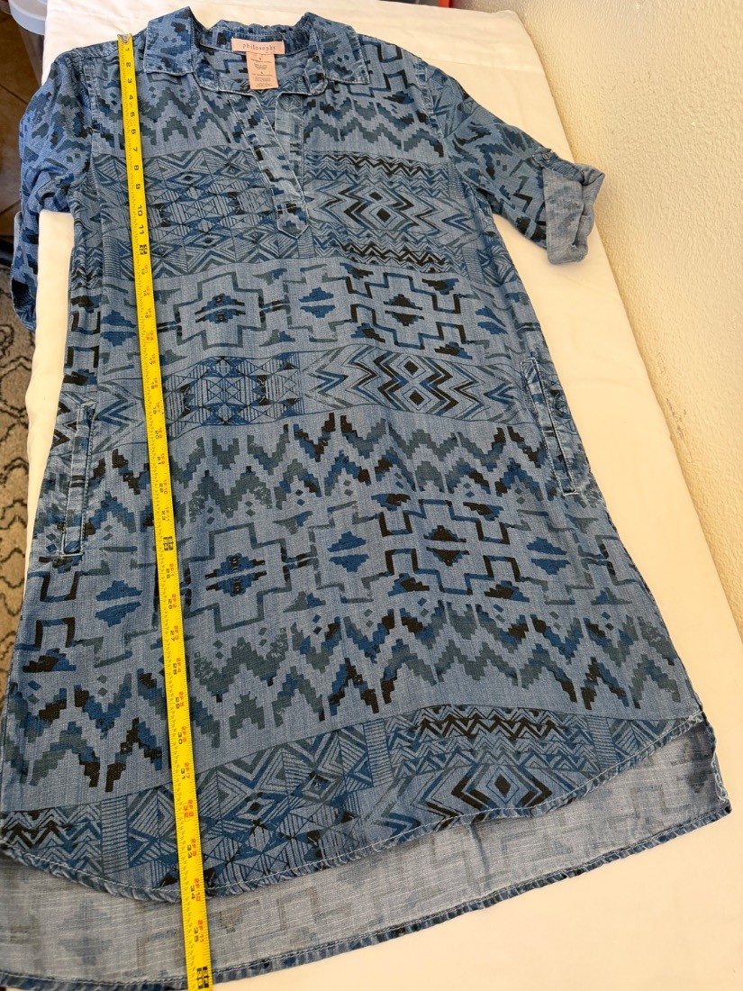 Philosophy Womens Aztec Print Chambray Shirt Dress Tencel Blue Size S
