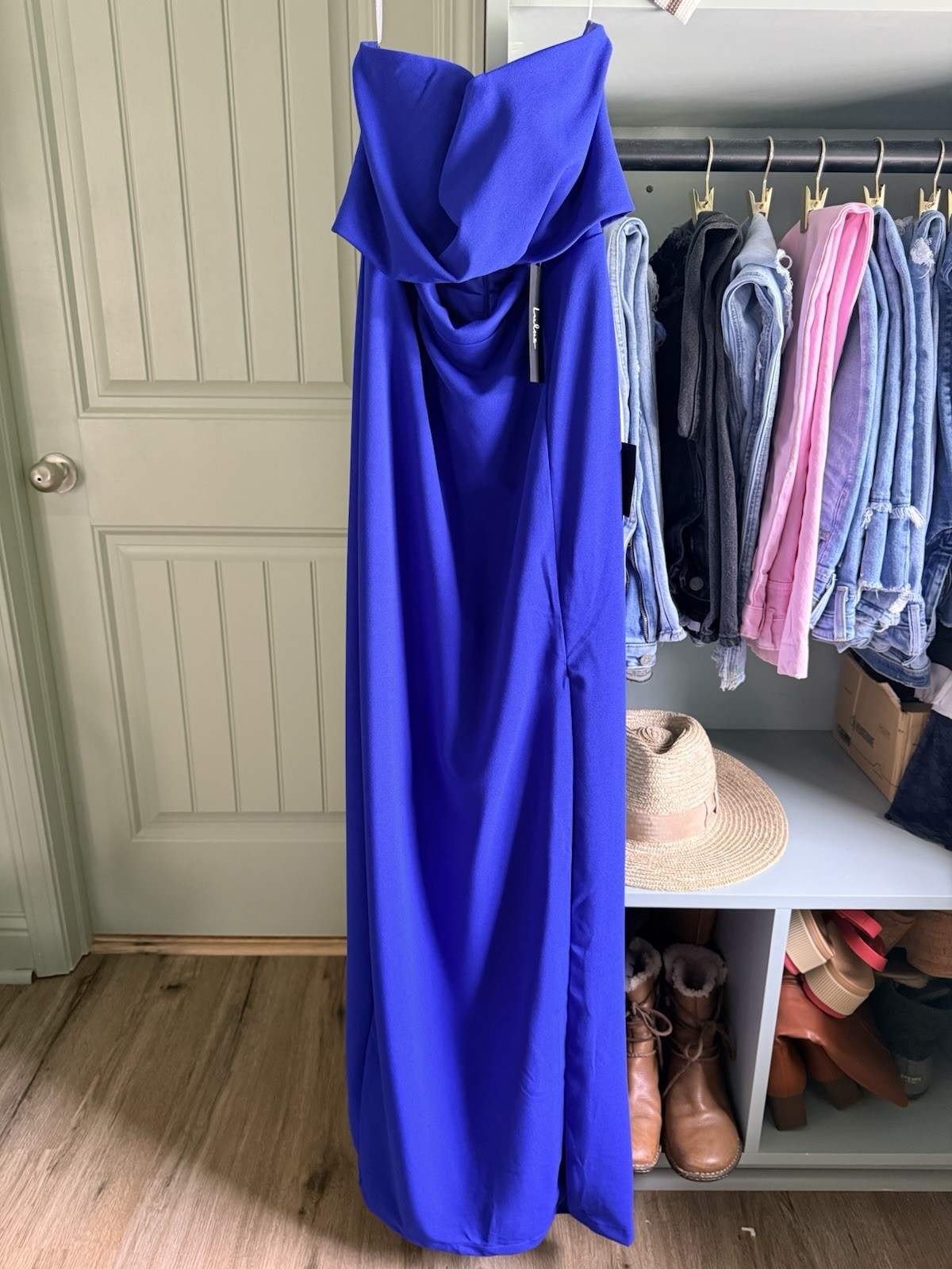 Lulus Extravagant Persona Blue Strapless Cutout Column Maxi Dress