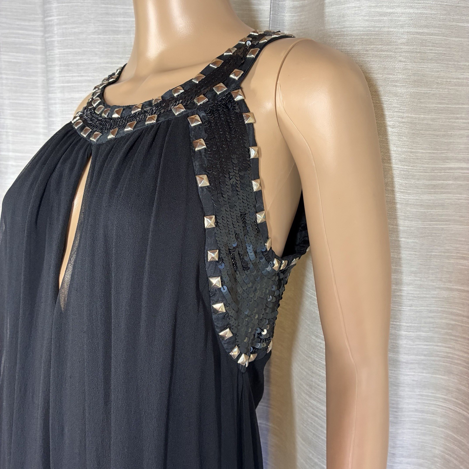 Hannah Jo Silk Mini Dress Size M Black Studded Sequin Embellished Keyhole Grunge
