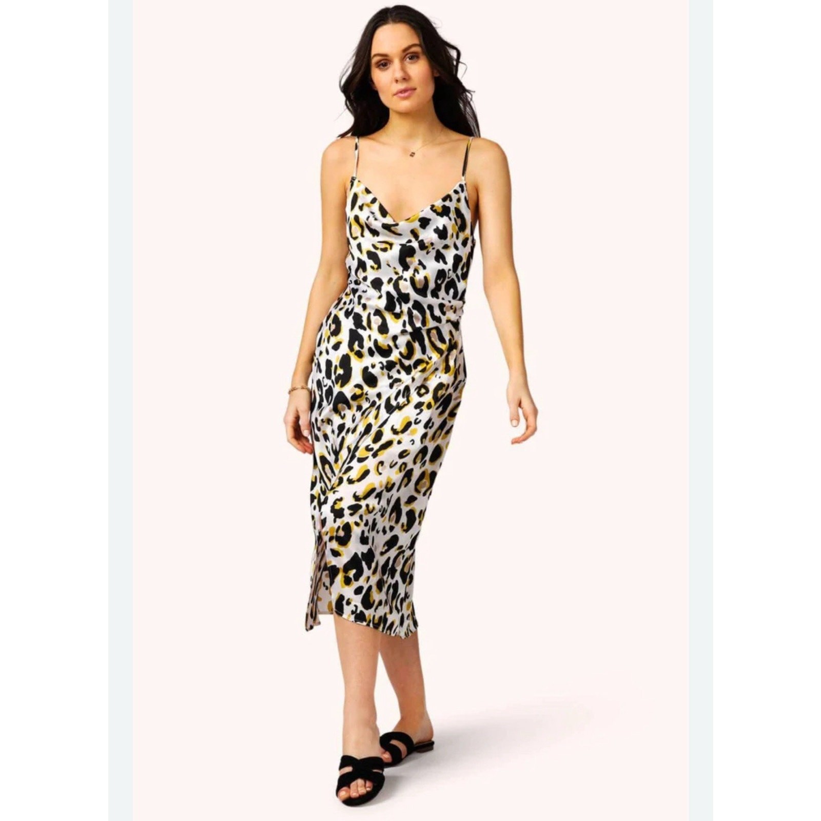 Leopard Print Slip Dress Midi Spaghetti Strap Faux Wrap M NWOT Cowl Neck