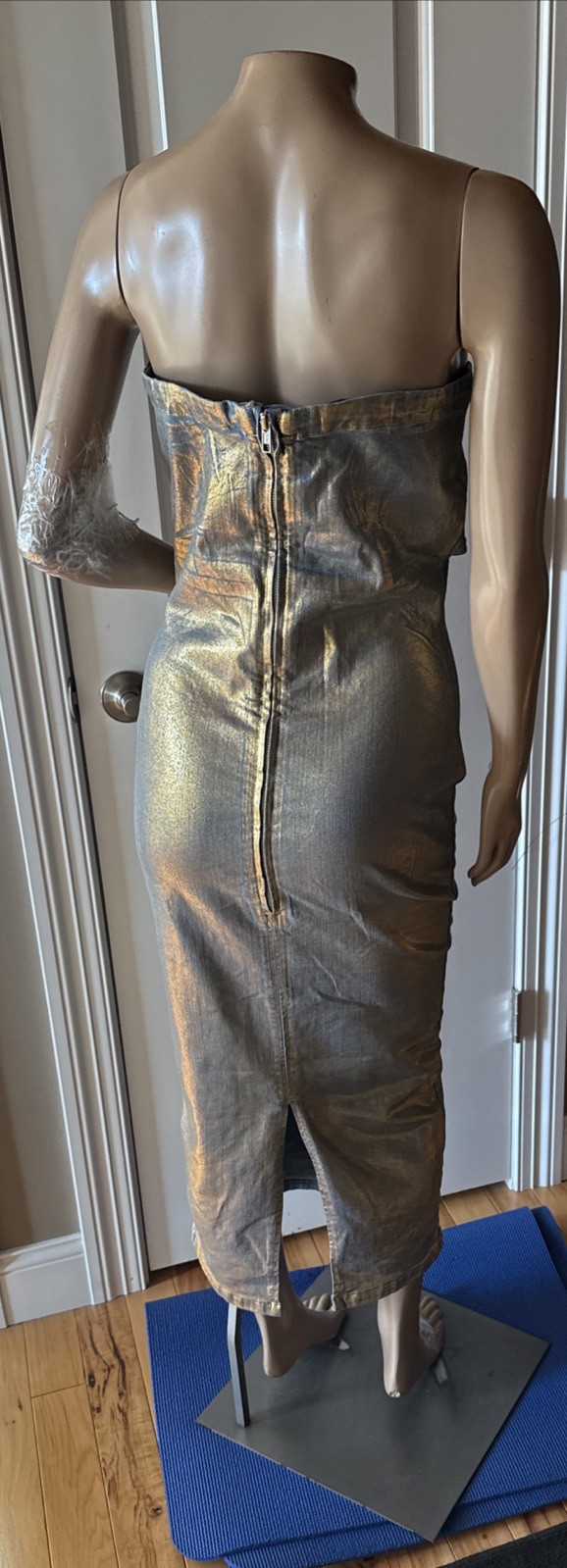 AKIRA Label Im Gold Denim Coated Midi Dress Back Zip Women’s Size L Multi