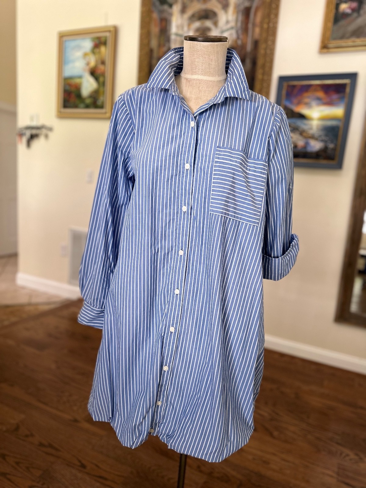 Striped Poplin Bubble Hem Mini Pocket Shirtdress Size L