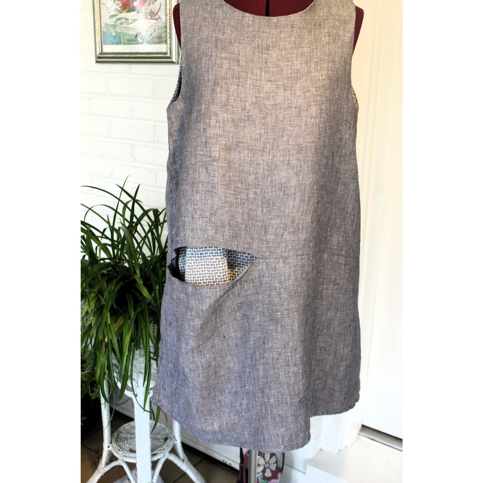 GERSHON BRAM Women’s Lagenlook Linen Style Dress Gray Artisan Slit Lined Large