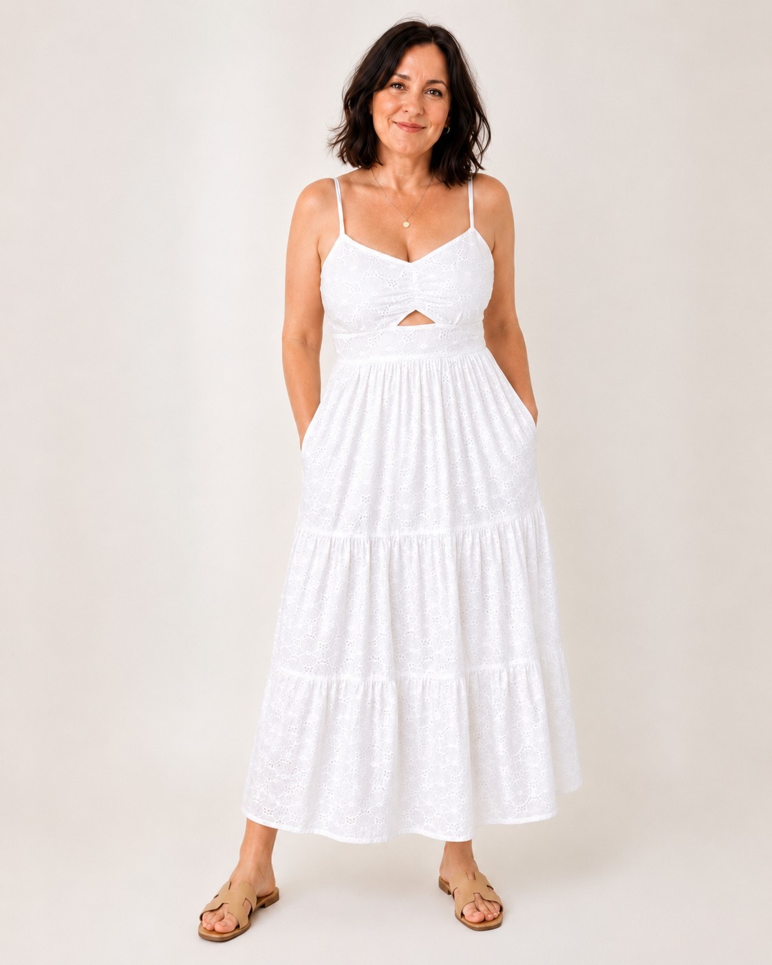 Women’s White Eyelet Maxi Dress XL 100% Cotton Lined Sleeveless Pockets