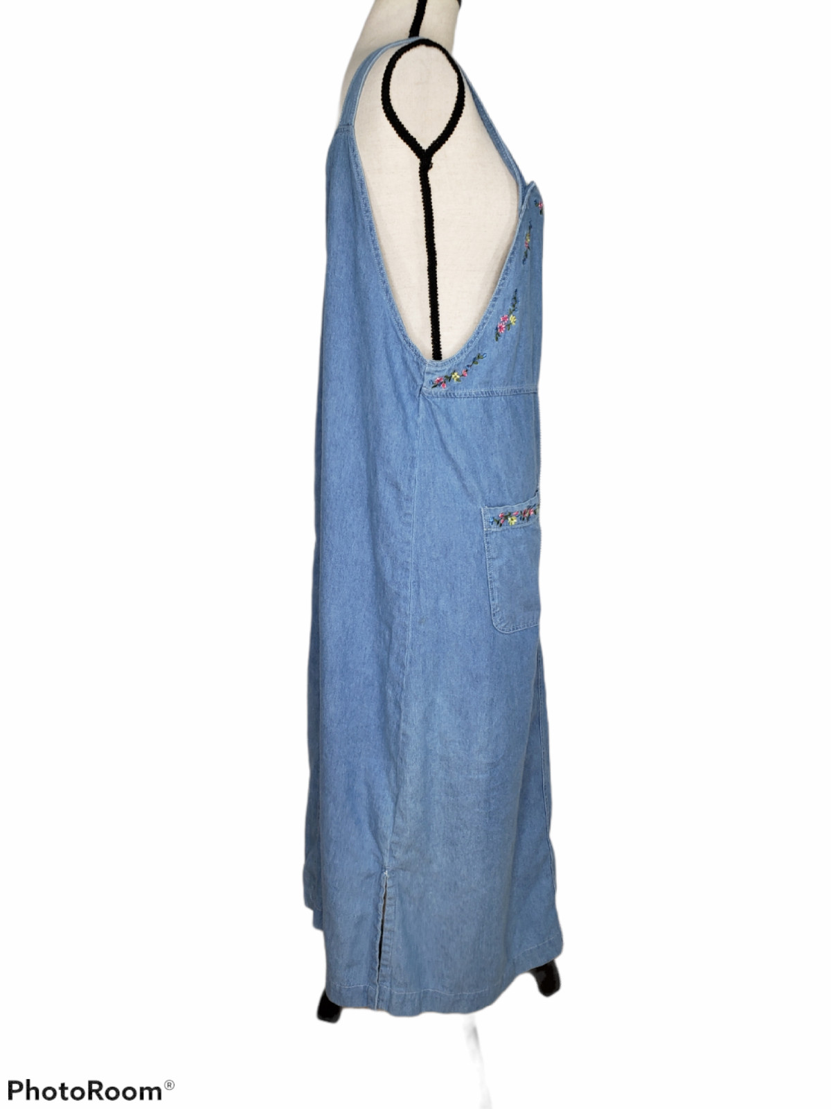 Vintage Capacity Bib Dress Medium Pockets Embroidery Blue Denim Side Split