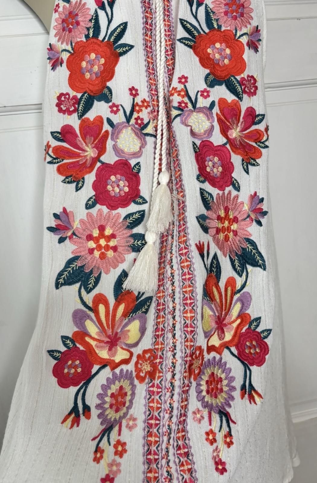 Savanna Jane Women Large White Shift Dress Floral Embroidered Halter Tassel Boho