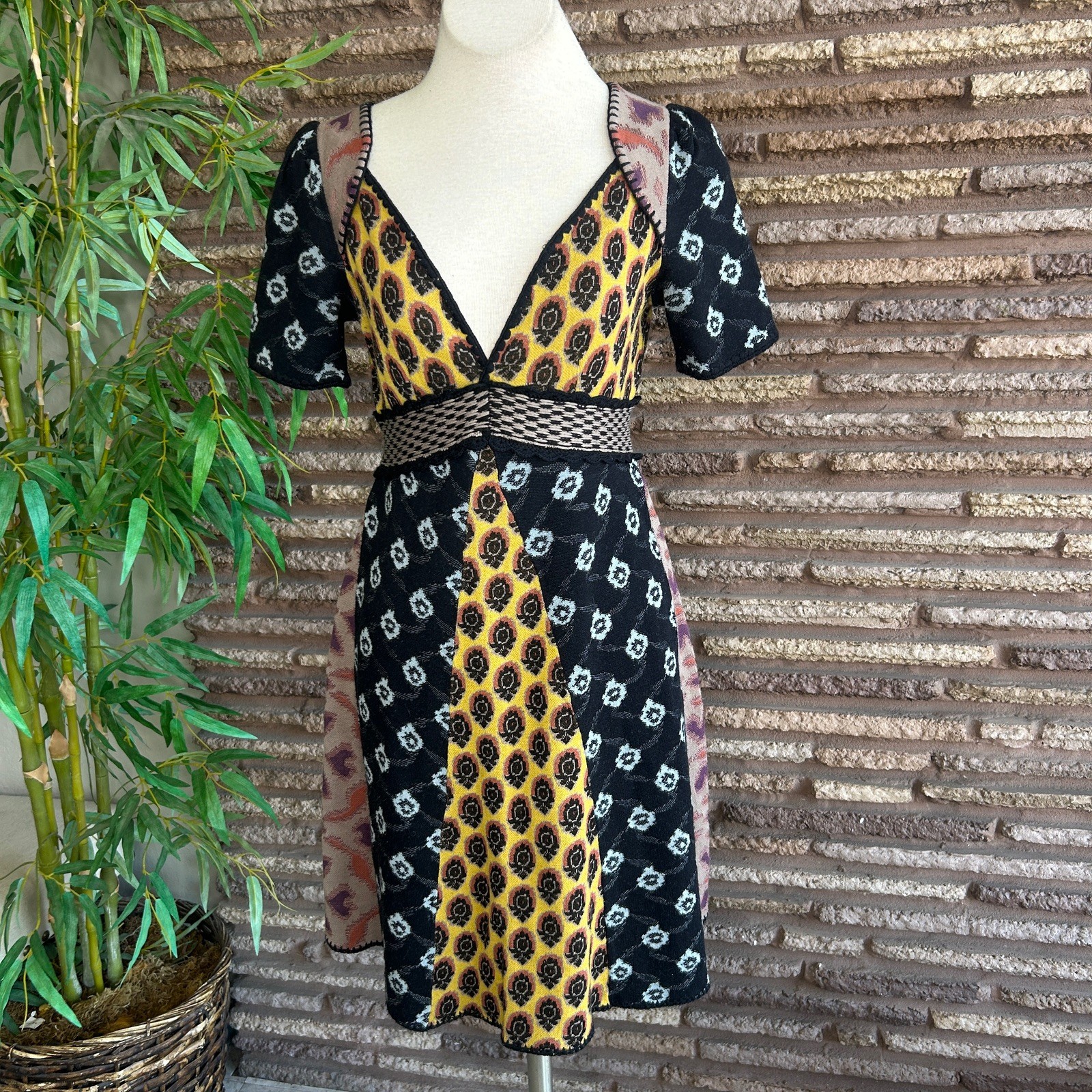 Anthropologie Moth Dress Hulaboo Patchwork Empire Waist Sweater Size Small