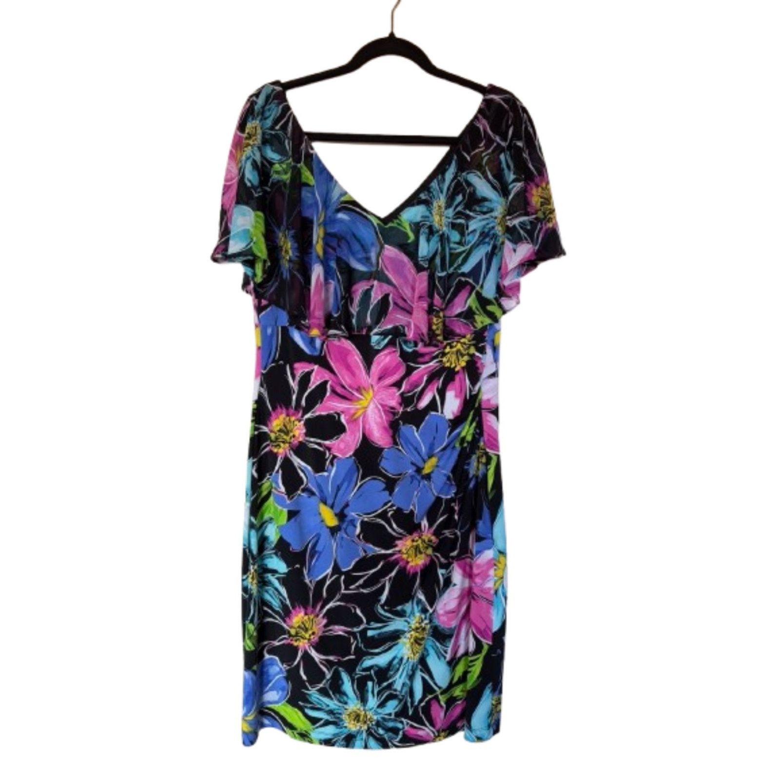 Connected Apparel Floral Flounce Neckline Dress 16 Black Pink Blue Wedding Guest