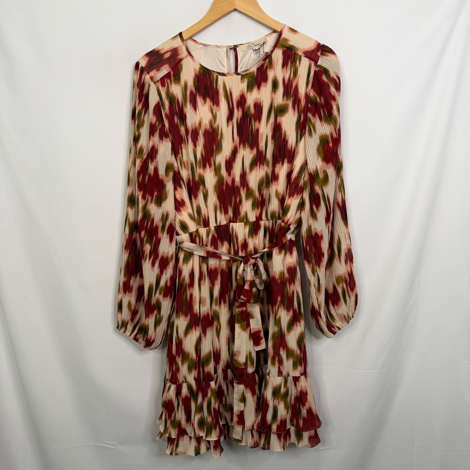 Les Serein Sofia Red Abstract Plisse Long Sleeve Mini Dress Large NWT