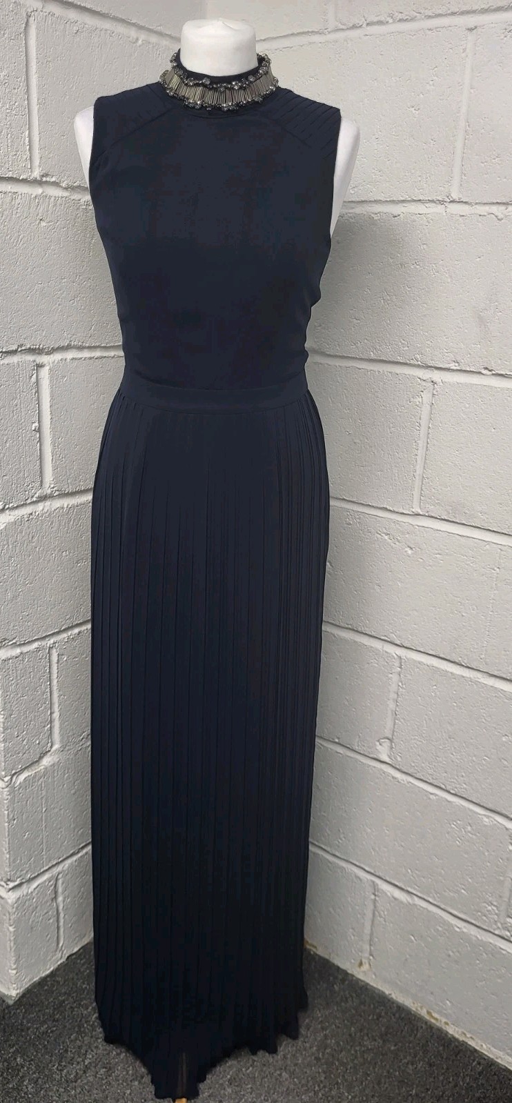 Spotlight Warehouse Navy Blue Embellished Neckline Pleated Maxi Dress Size 8. PT
