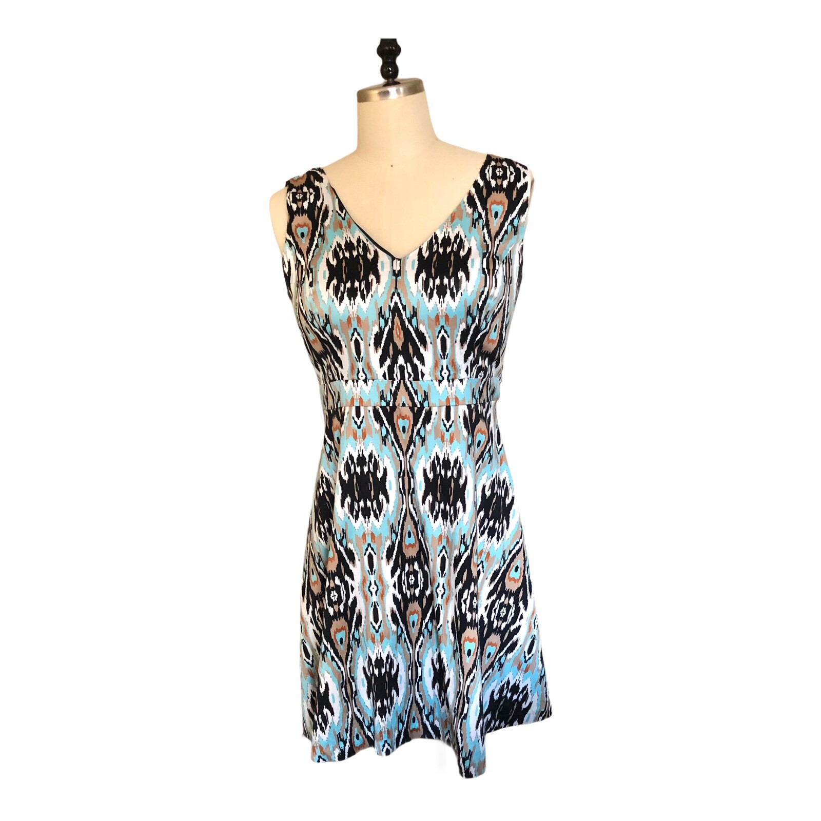 INC Women’s Dress Lined Sleeveless Tribal Print V Neck Black Teal Brown White