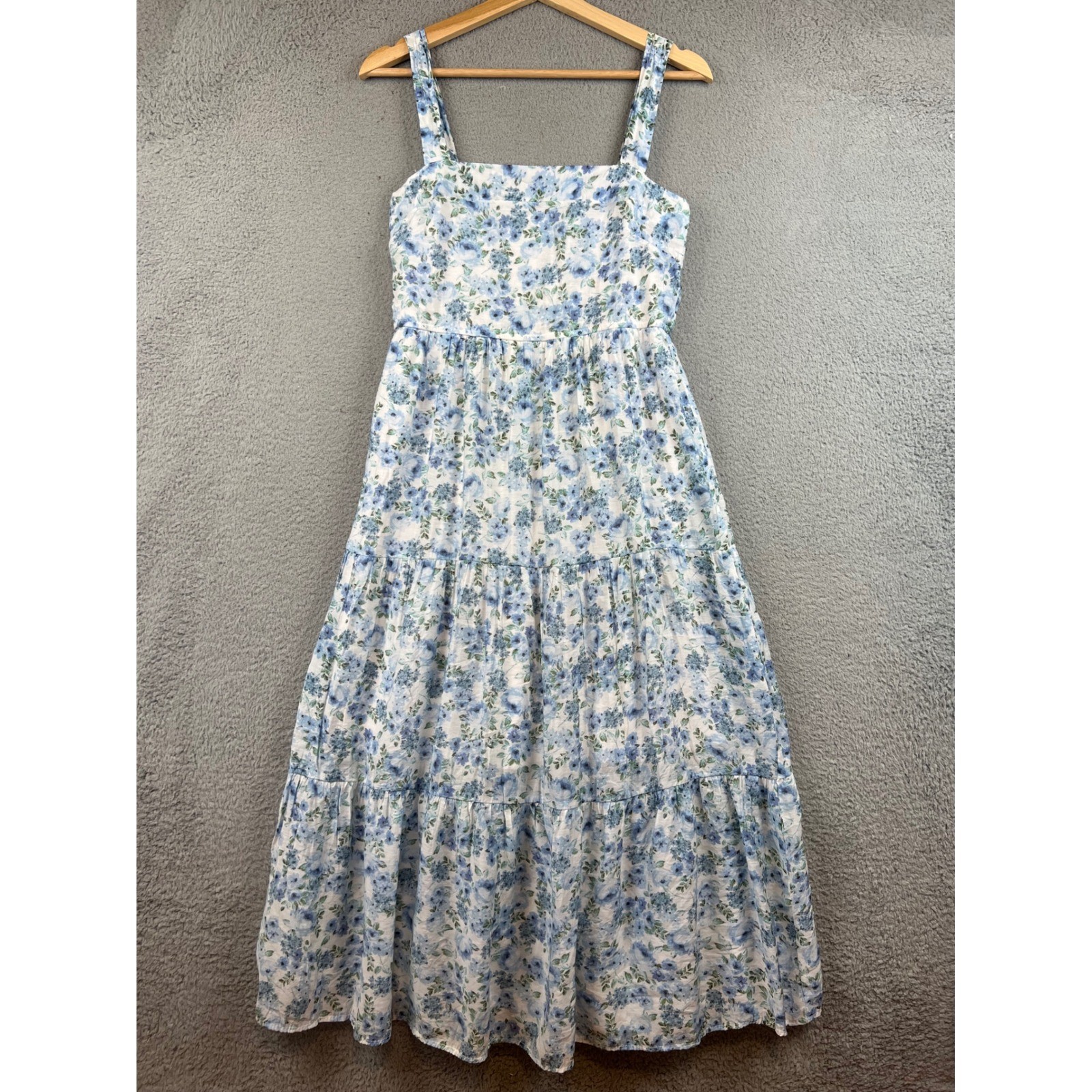 By The River Blue Floral Tiered Midi Dress Womens Medium Smocked Back Lined